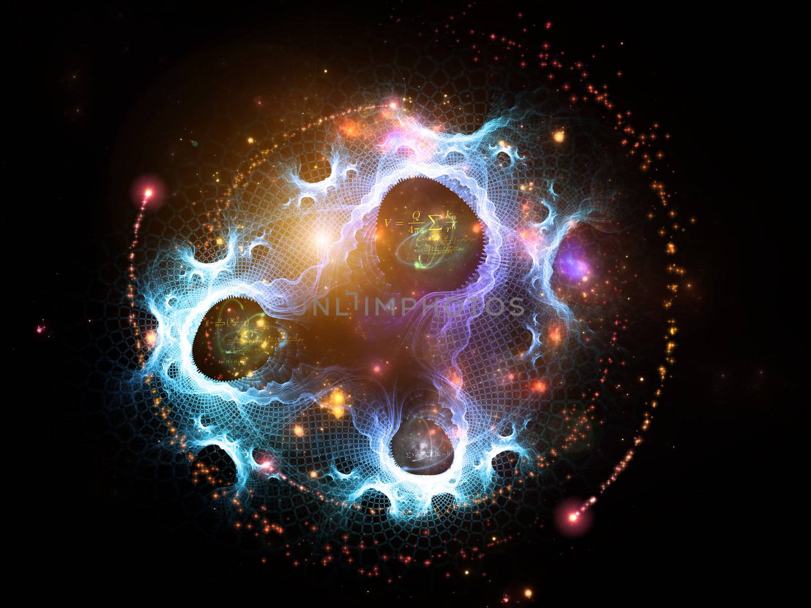 Interplay of fractal meshes, colors, quantum formulas and lights on the subject of quantum physics, Universe, Creation, Big Bang, science and technology