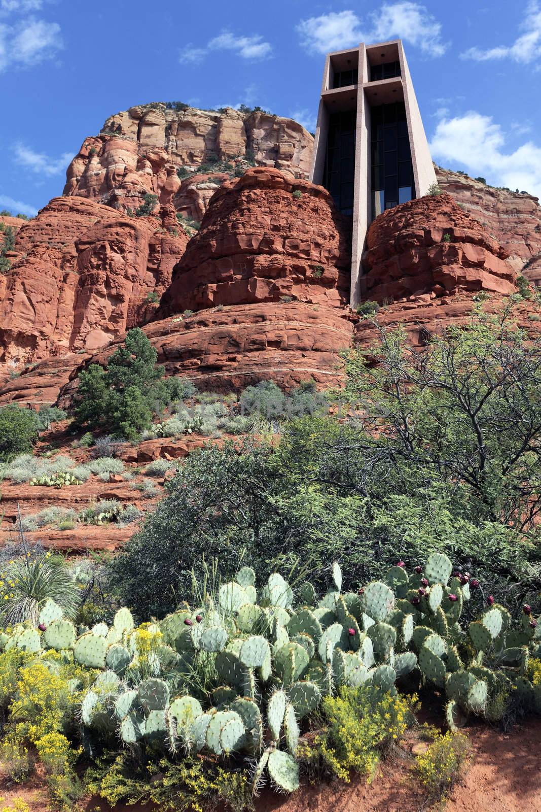 famous Chapel of the Holy Cross set among red rocks in Sedona, Arizona 