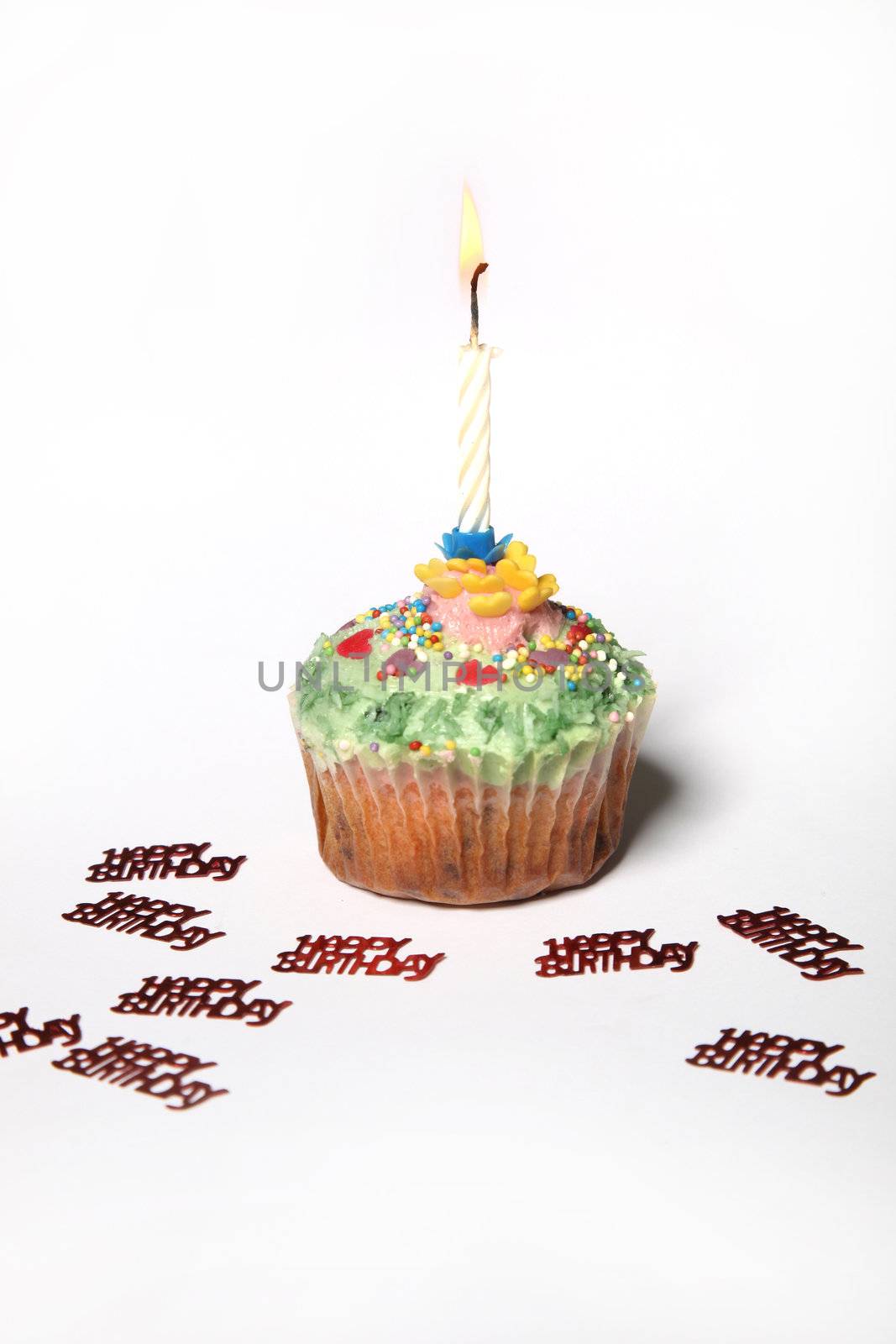 Sweet cupcake with a candle and Happy Birthday lettering