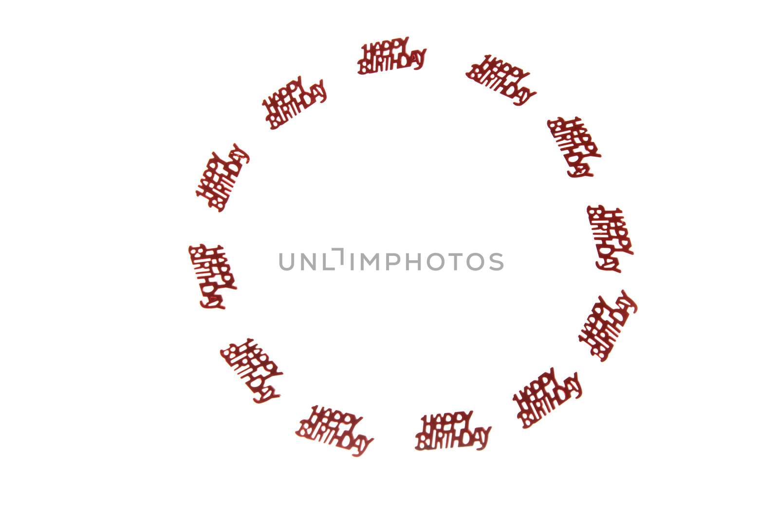 small lettering with happy birthday in a circle lying on a white background