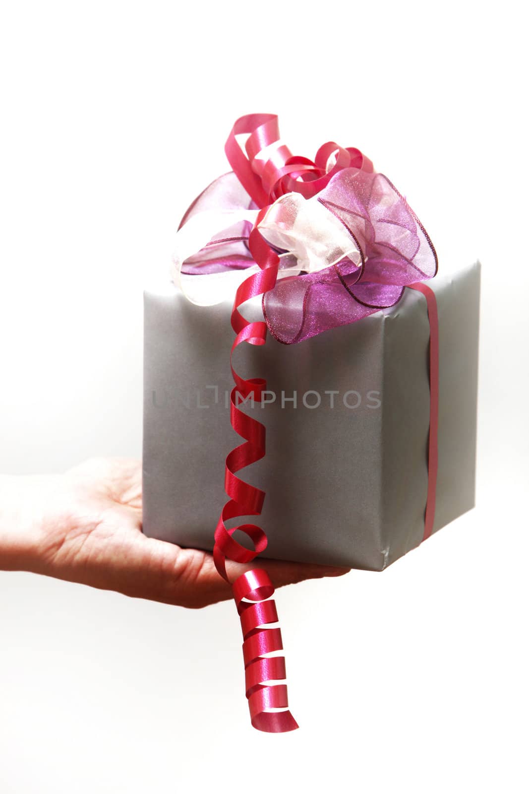 A gift will be presented with ribbon - white background