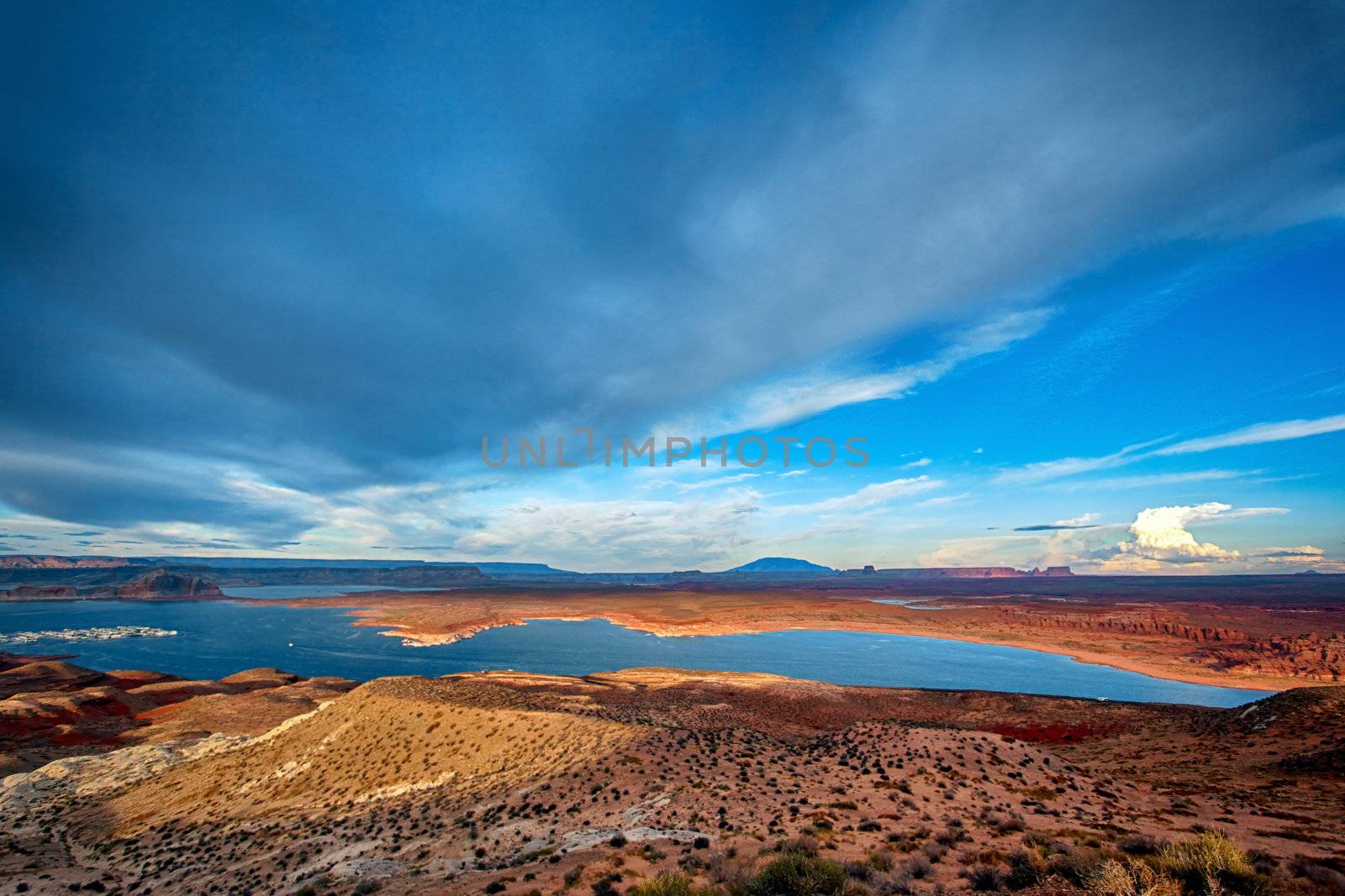 Port for white yachts on Lake Powell. Spectacular sunset 