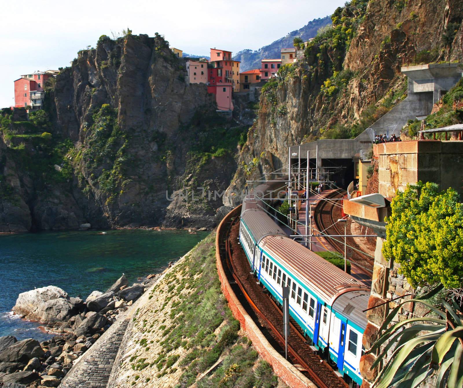 Italy. Cinque Terre. Train at station Manarola 