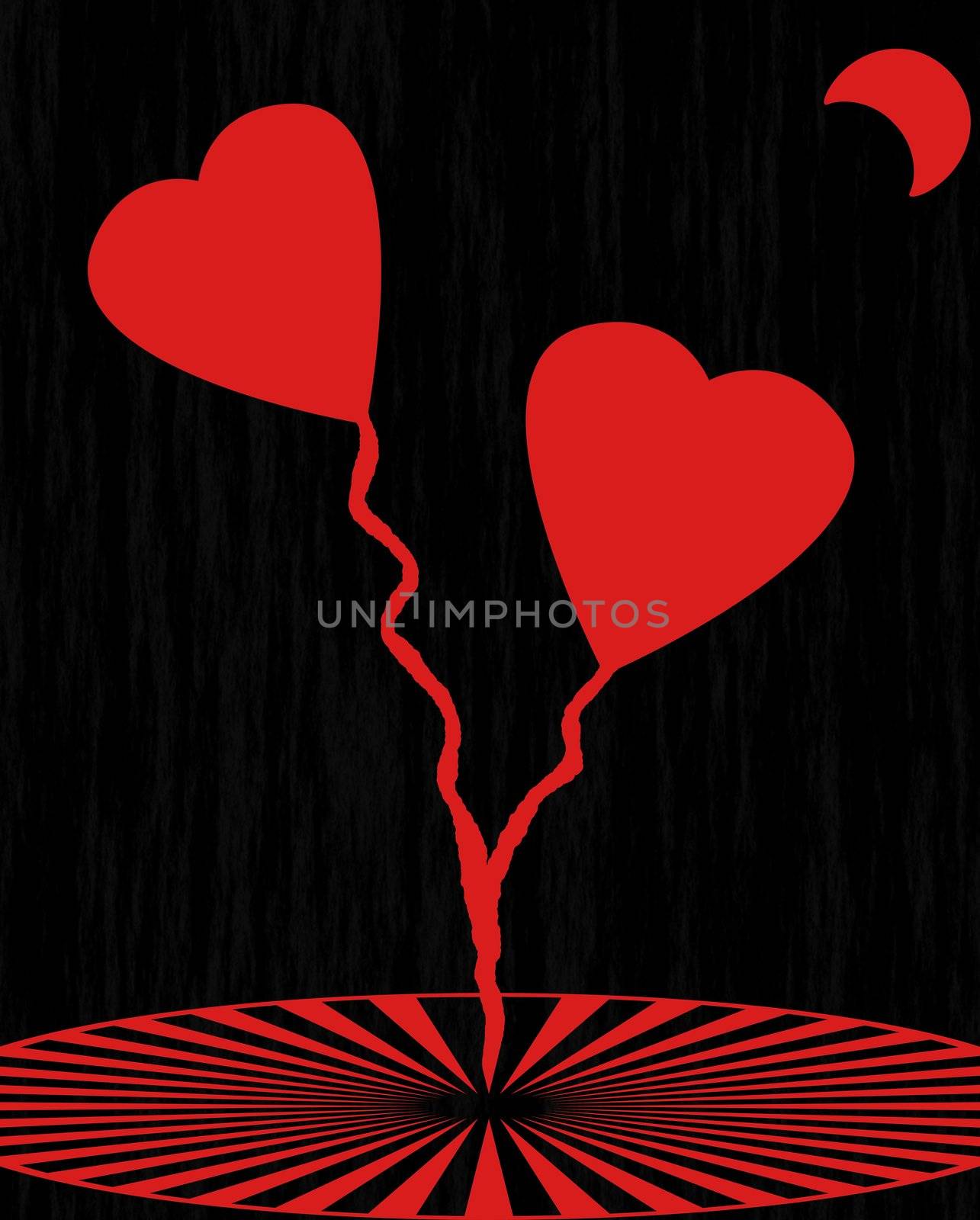 romance in the moonlight, hearts red flowers on black background