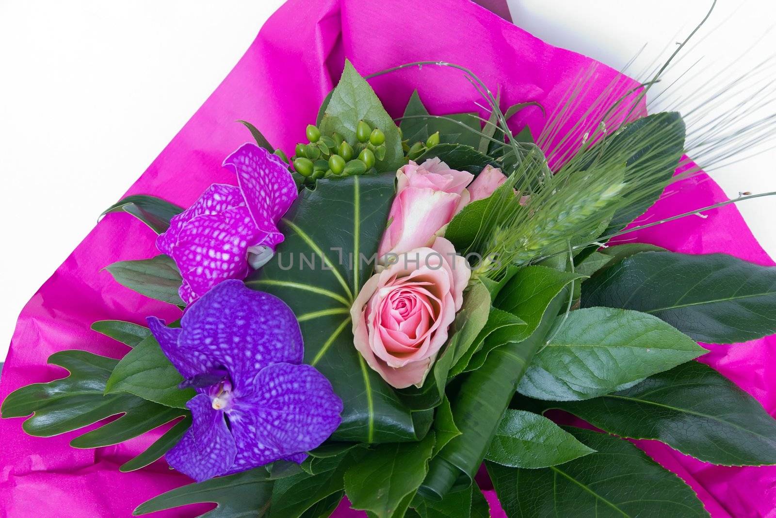 bouquet of flowers, roses surrounded by orchids