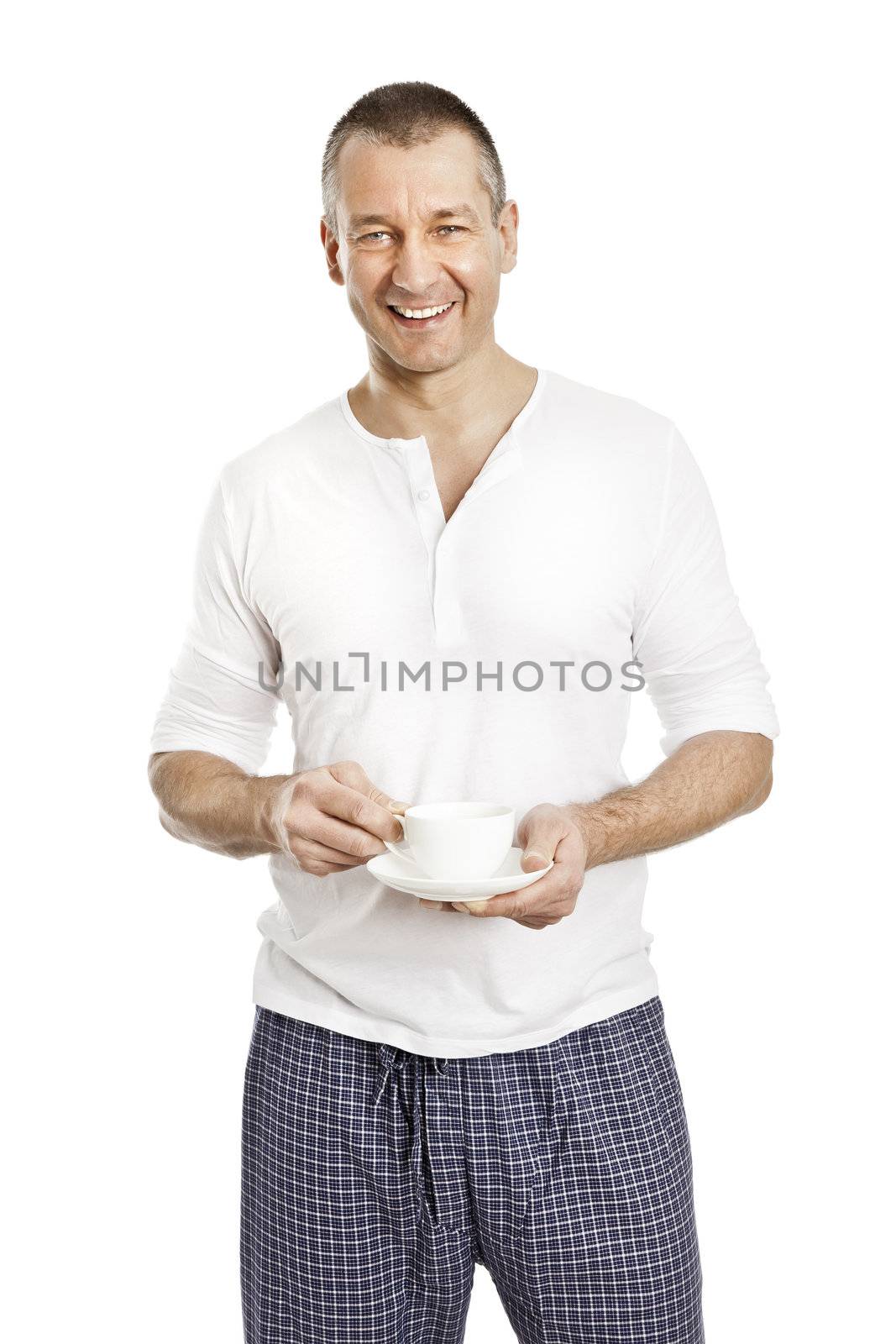 An image of a handsome middle age man with a coffee