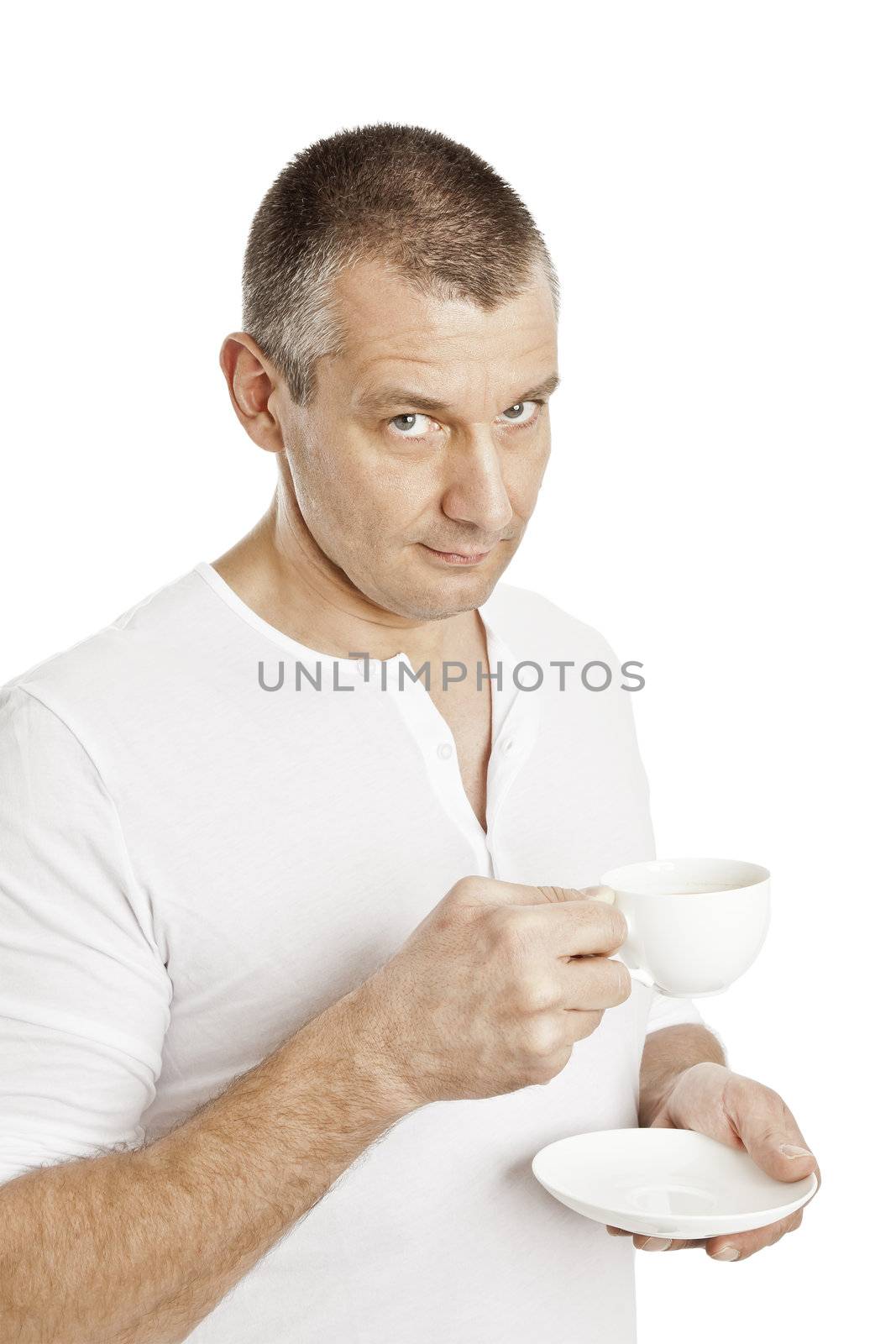 An image of a handsome middle age man with a coffee