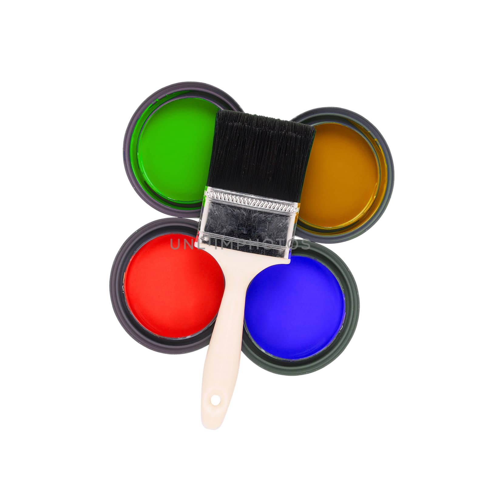 four colorful paint cans with paintbrush