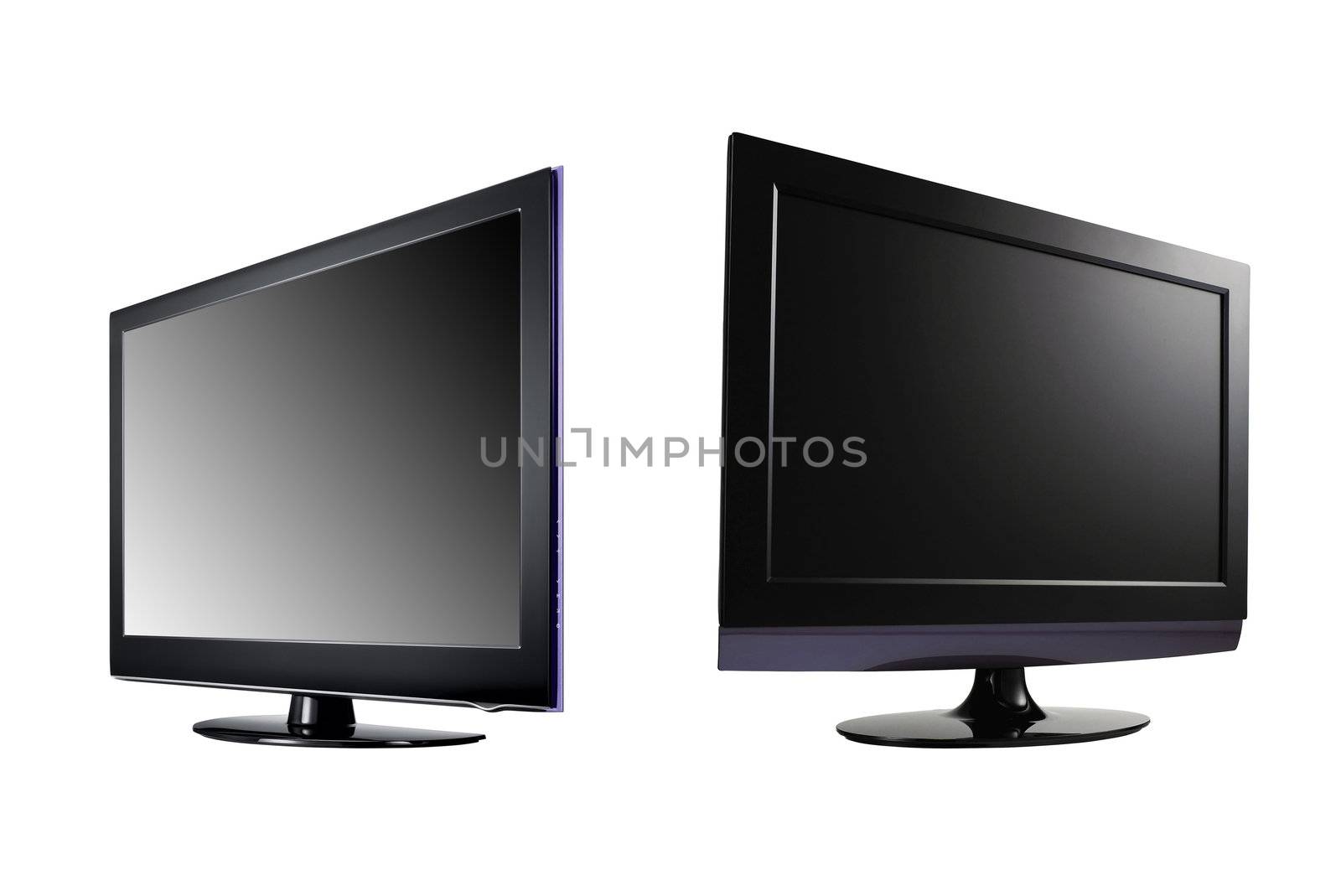 two LCD high definition flat screen TV against white background
