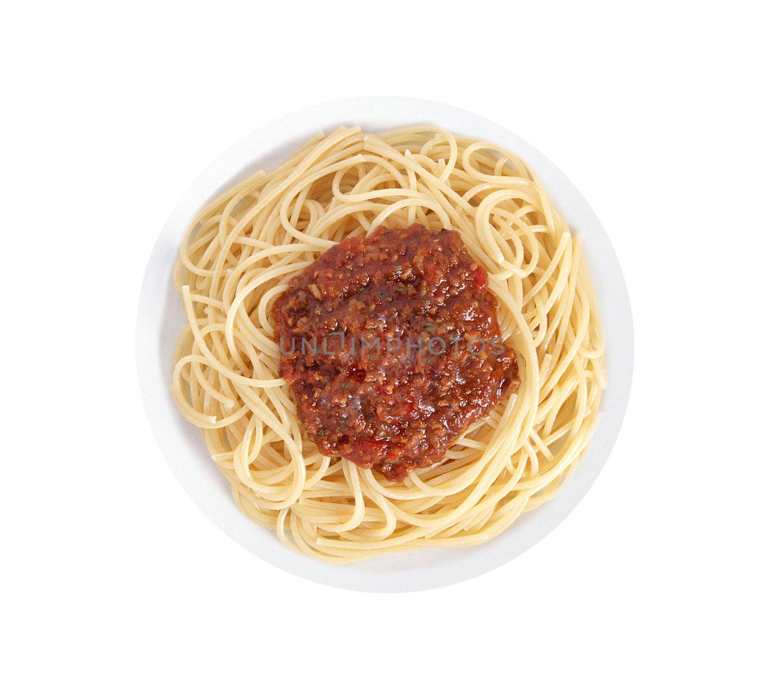 Spaghetti a la Bolognese in the white plate isolated on white