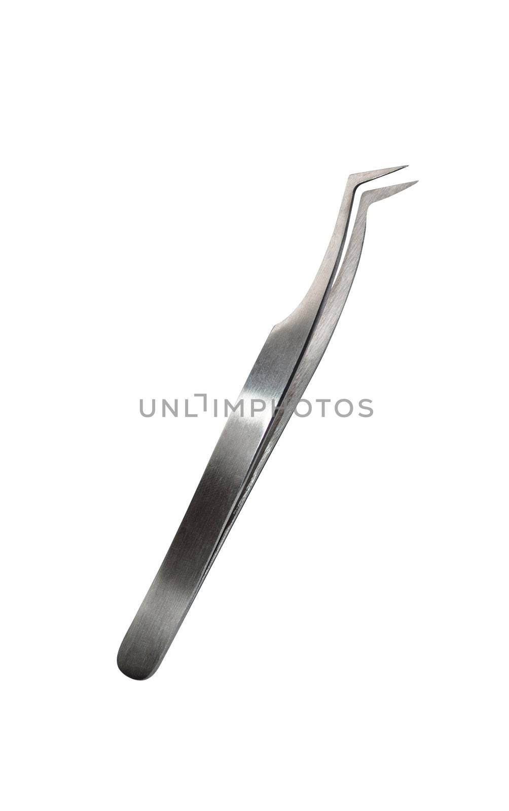 Pair of steel tweezers isolated on white