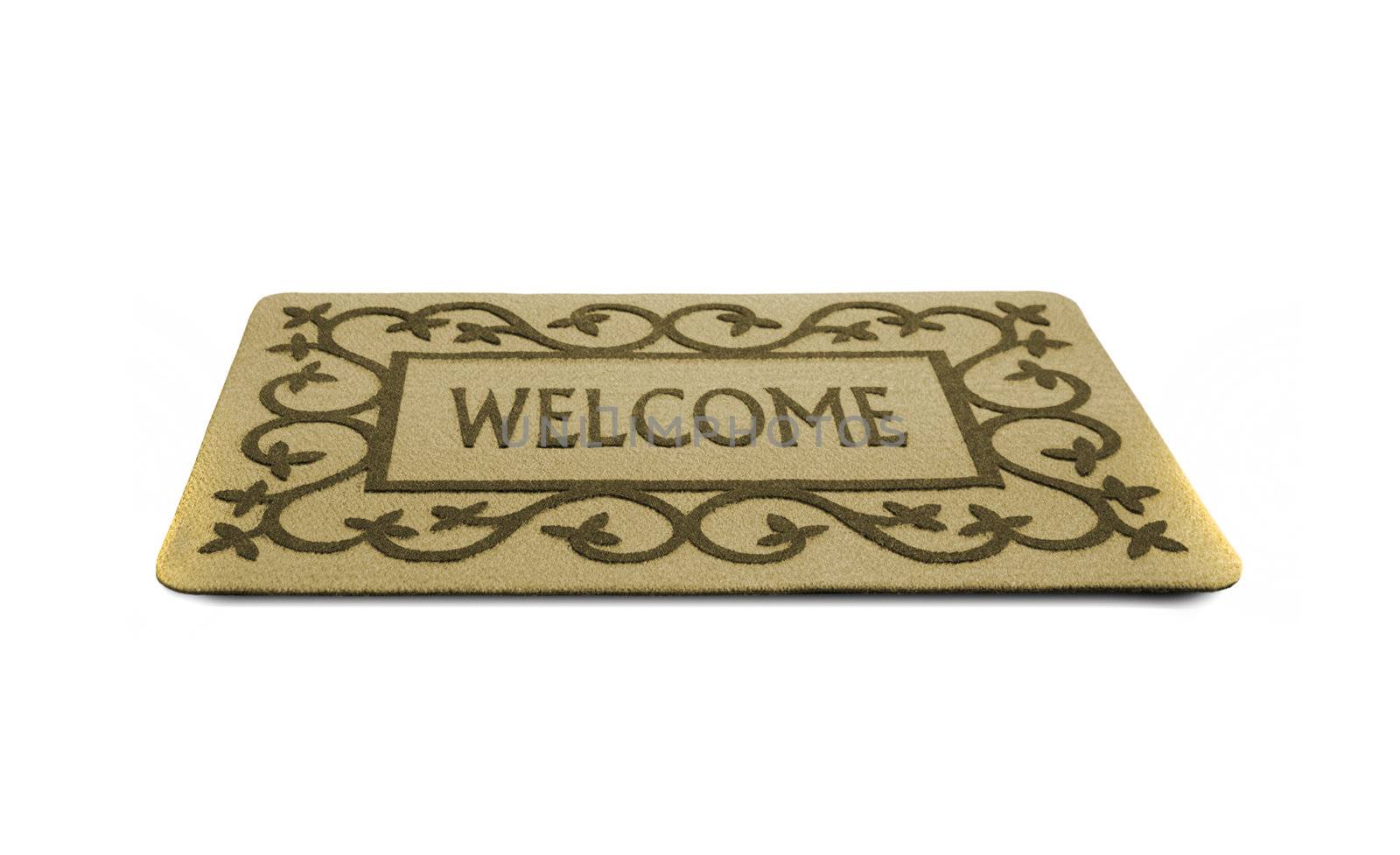Photo of a welcome door mat isolated on a white background.