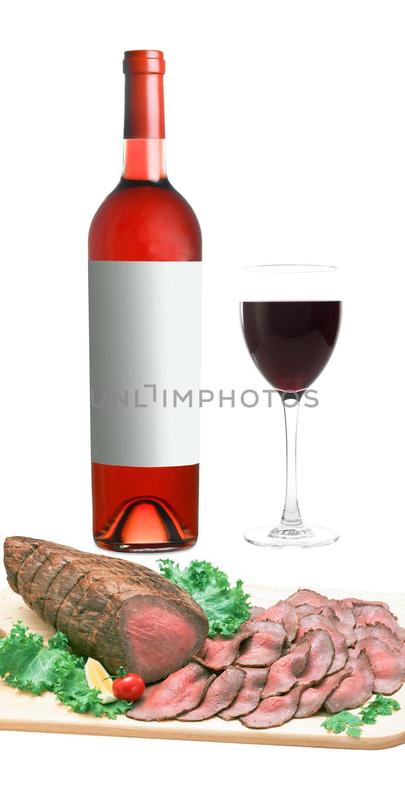 Red wine and meat isolated on white