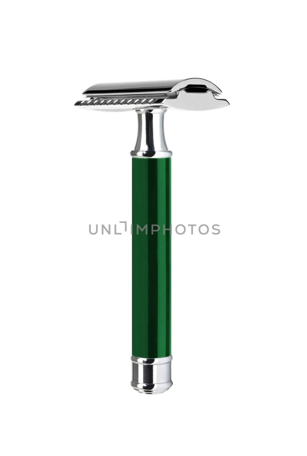 Closeup of green shaving blade on white surface
