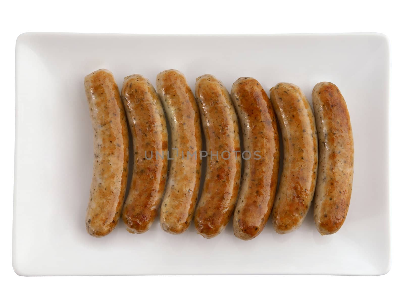 Roasted sausages on white plate and beer