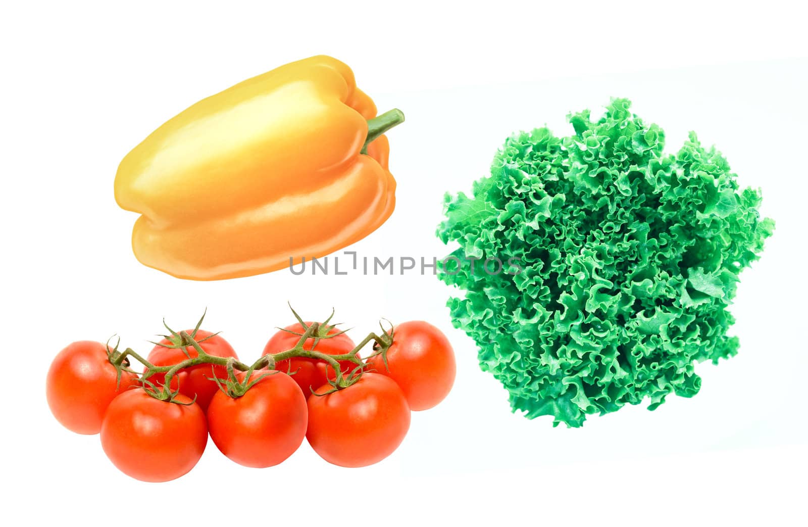 tomatoes, bell peppers, zuccini, lettuce isolated on white