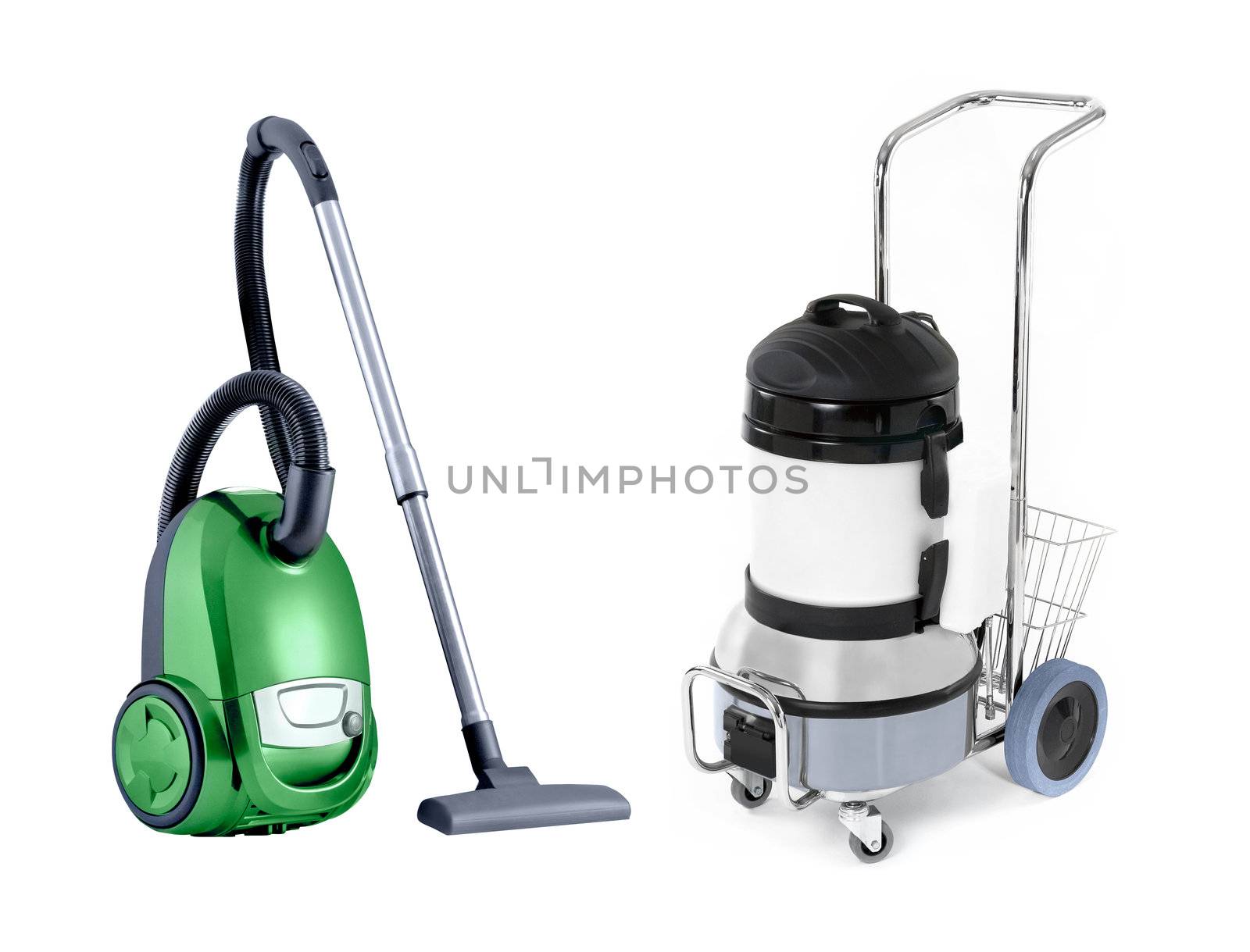 modern with vintage vacuum cleaner isolated on white