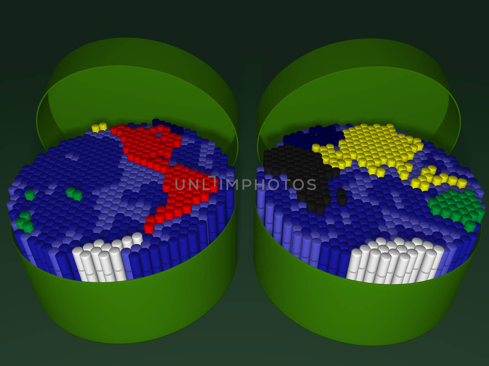 Two plastic tube with markers, packed in a map of the Earth hemispheres