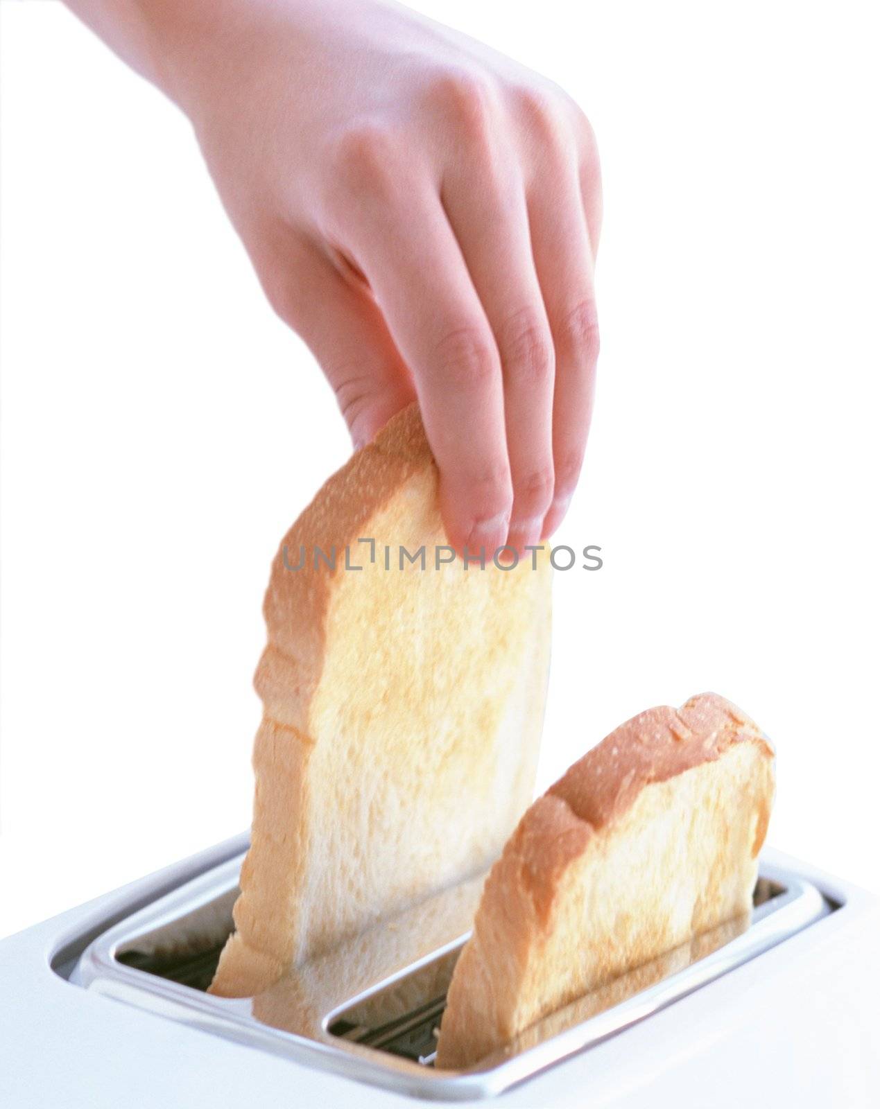 hand catches toast bread slices flying out of a toaster