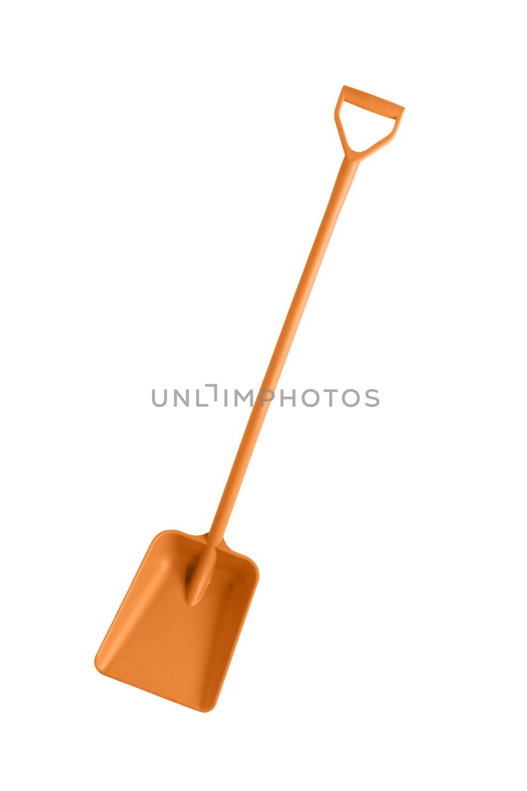 yellow plastic toy shovel, isolated on a white background.