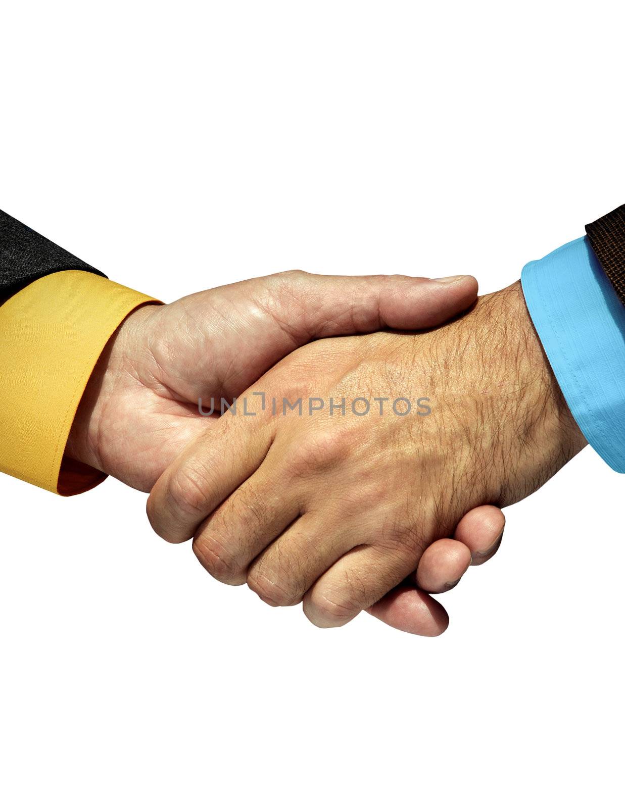 Labcoat arm shaking hands with Business suited arm
