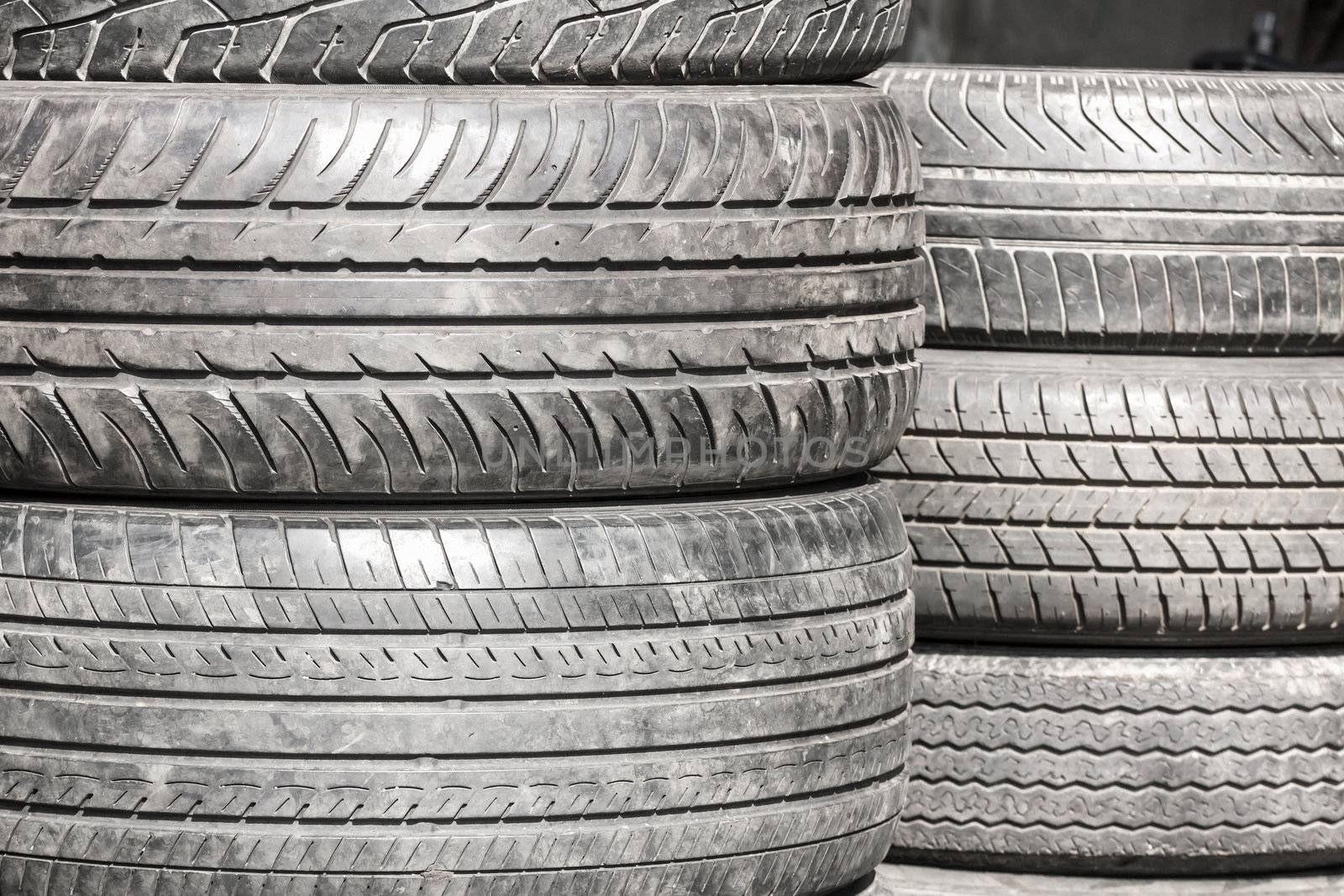 Heap of old Tires in recycling plant in Thailand