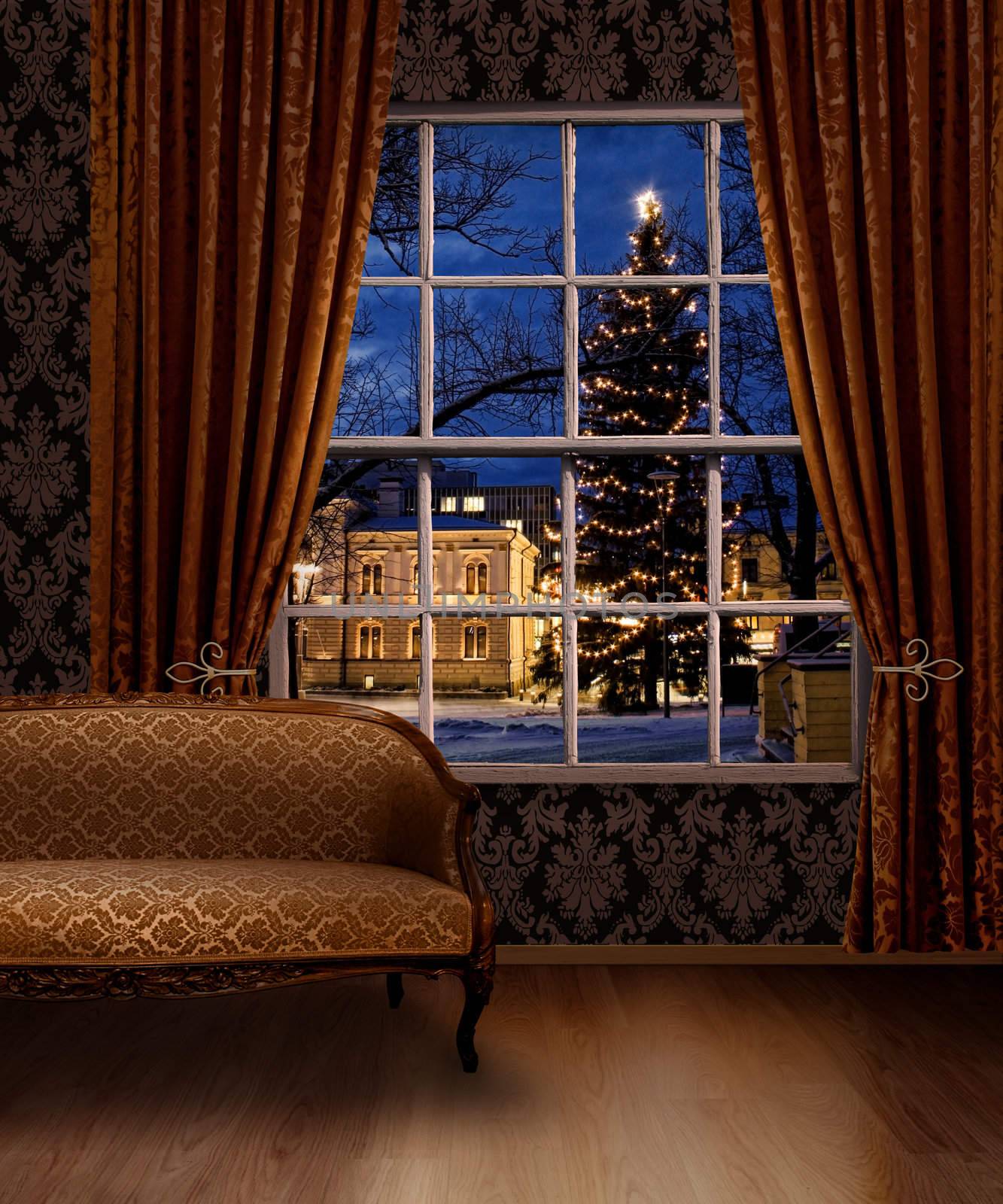 Christmas town view window from classic furniture interior room