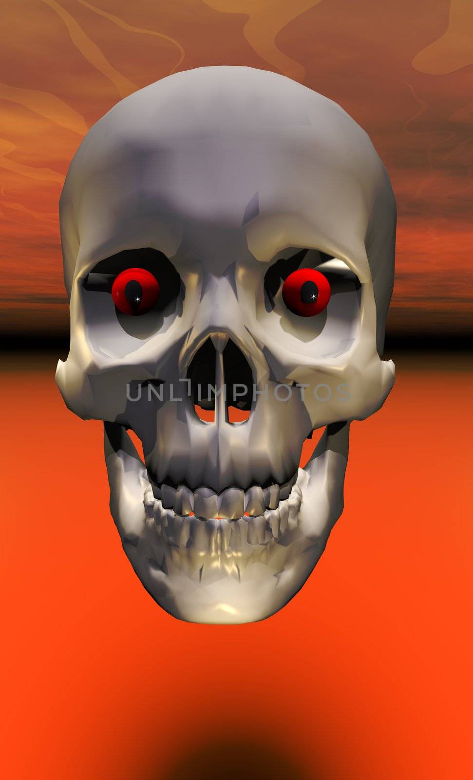 A halloween skull with red glowing eyes
