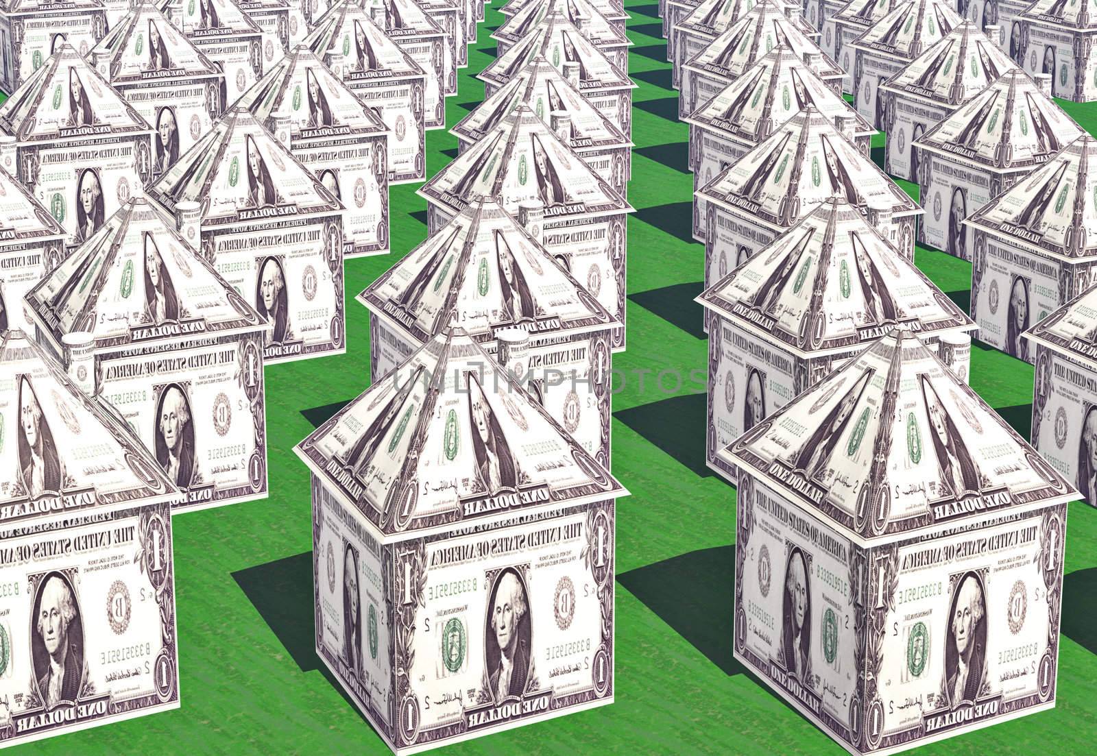 Rows and rows of houses made from dollar bills