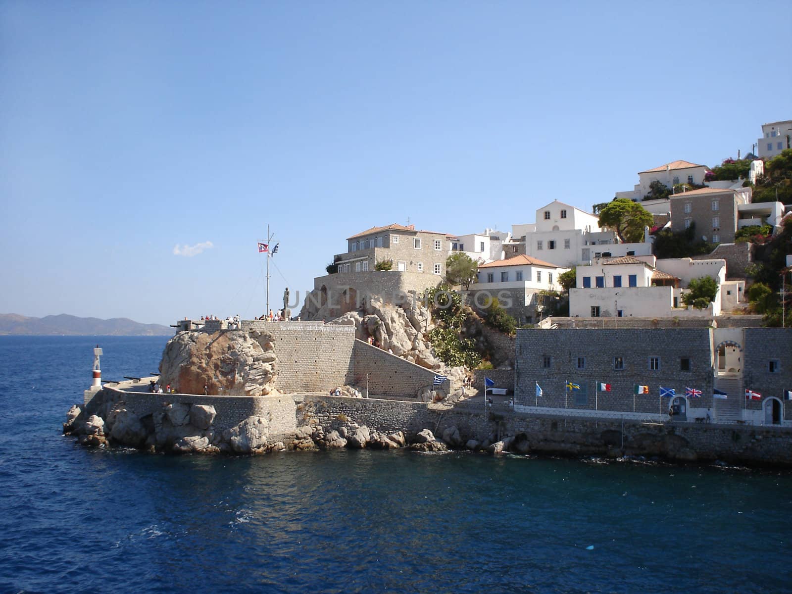 Hydra bastions with cannons in harbor                               