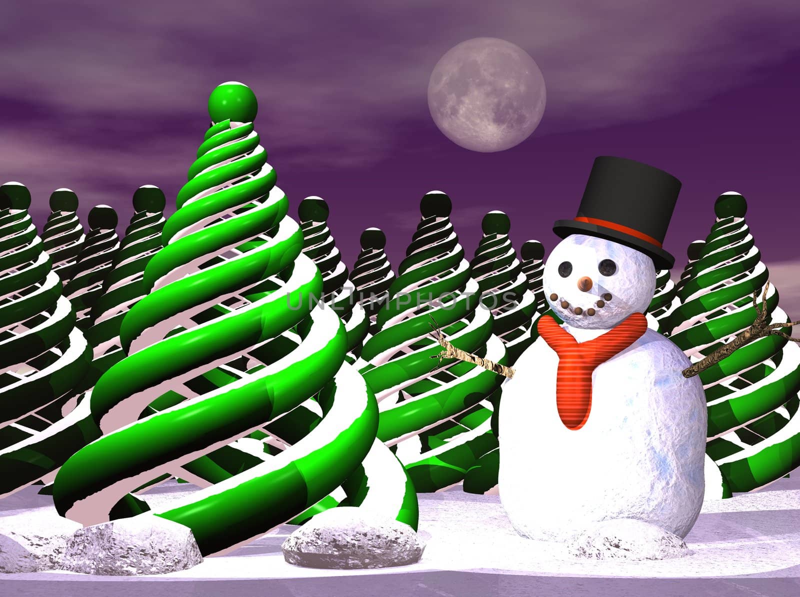 A stylized modern Christmas tree with a jolly snowman