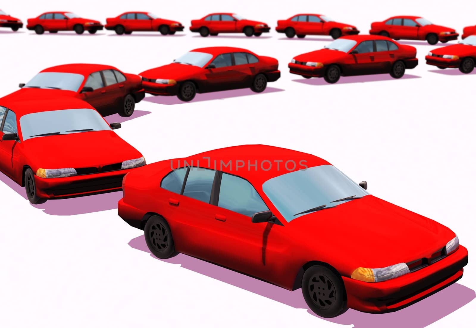 A line of cars with depth of field, the distant cars are out of focus.
