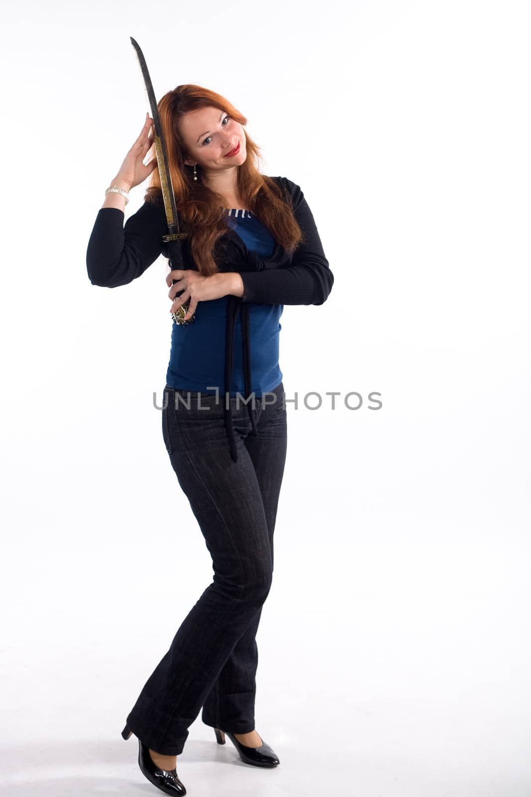 Young girl handing japan sword on white background
