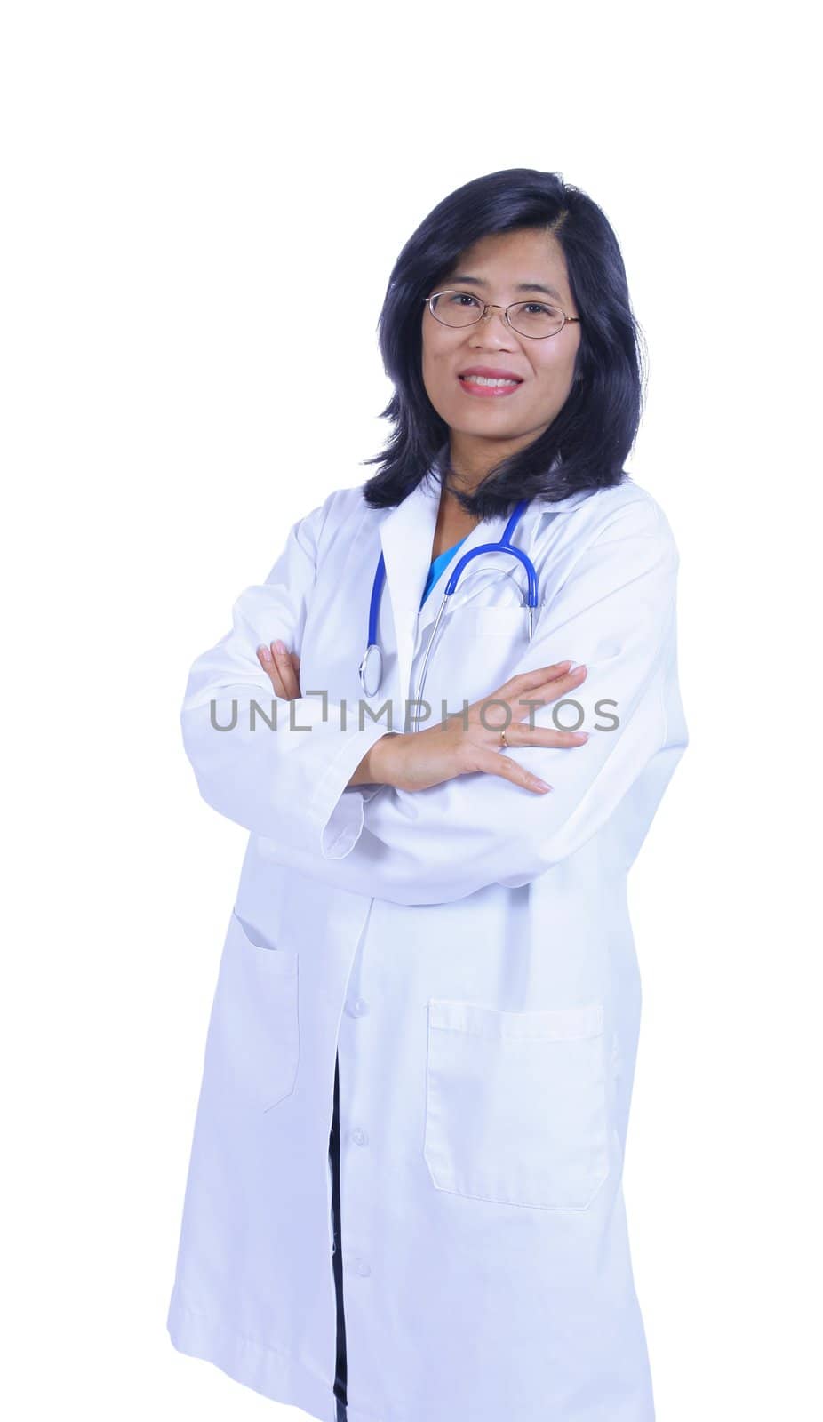 Female asian doctor with stethoscope and lab coat, standing arms crossed