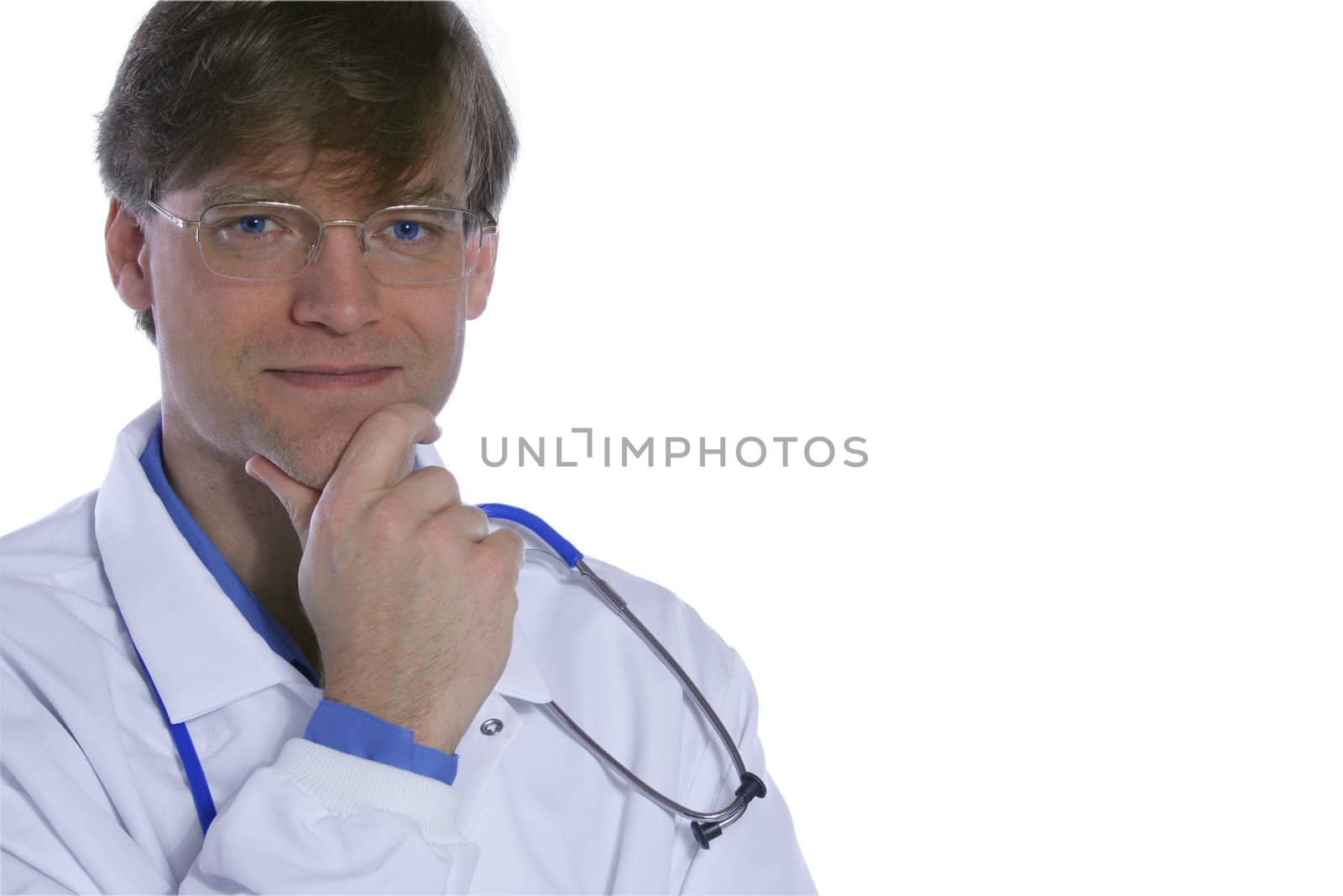 Confident male doctor, hand on chin