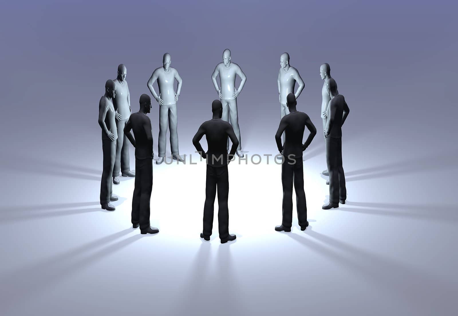 A ring of mannequins in a discussion circle