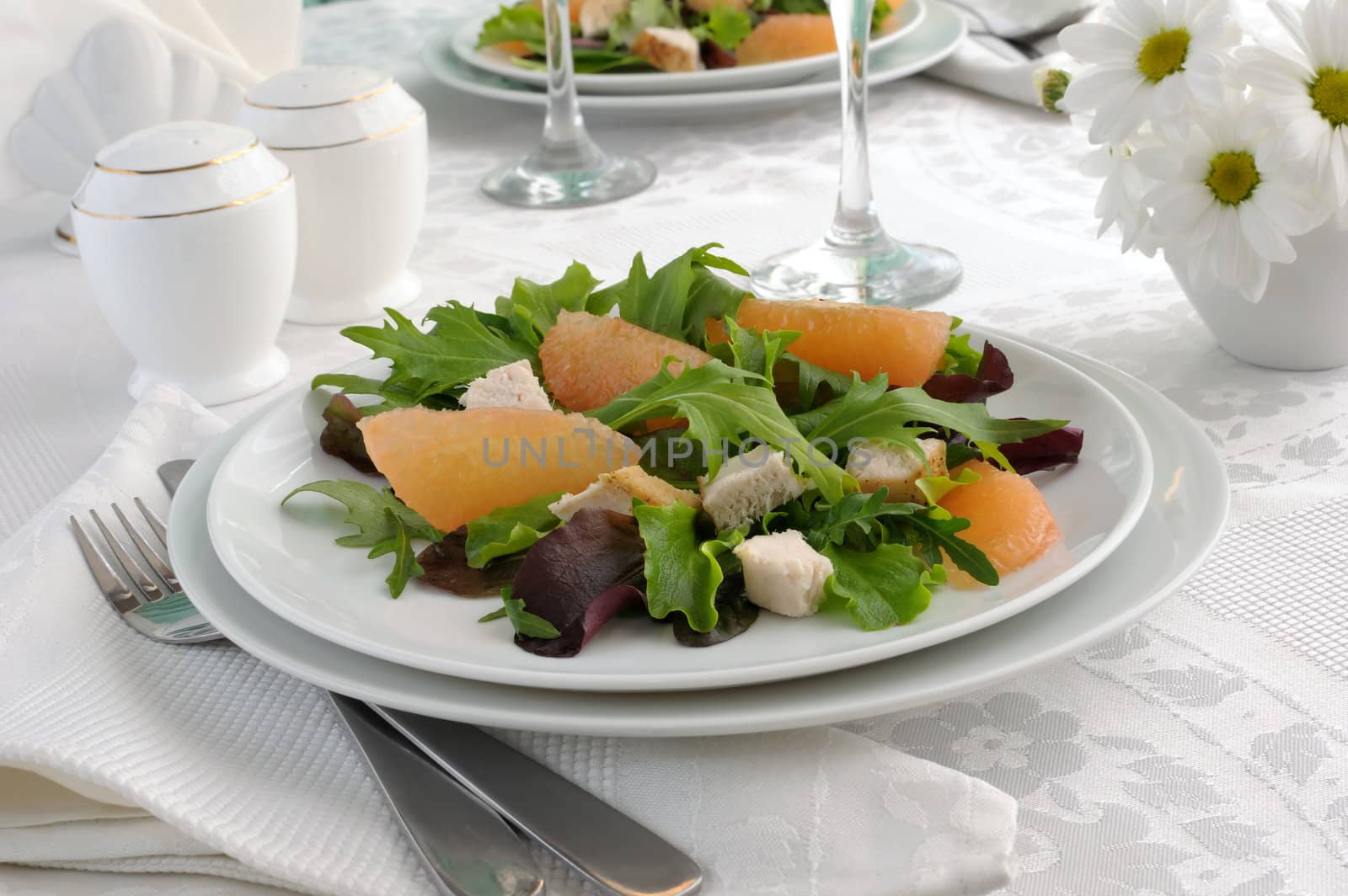 Chicken salad with grapefruit and a mixture of fresh salads by Apolonia