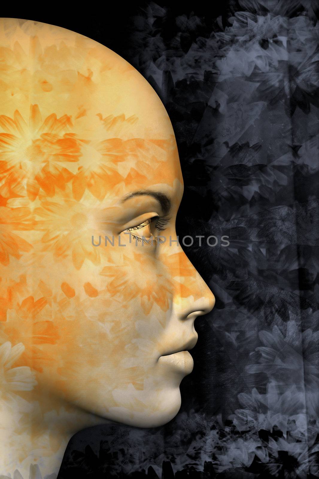 Female profile and abstract floral pattern. 3d illustration.