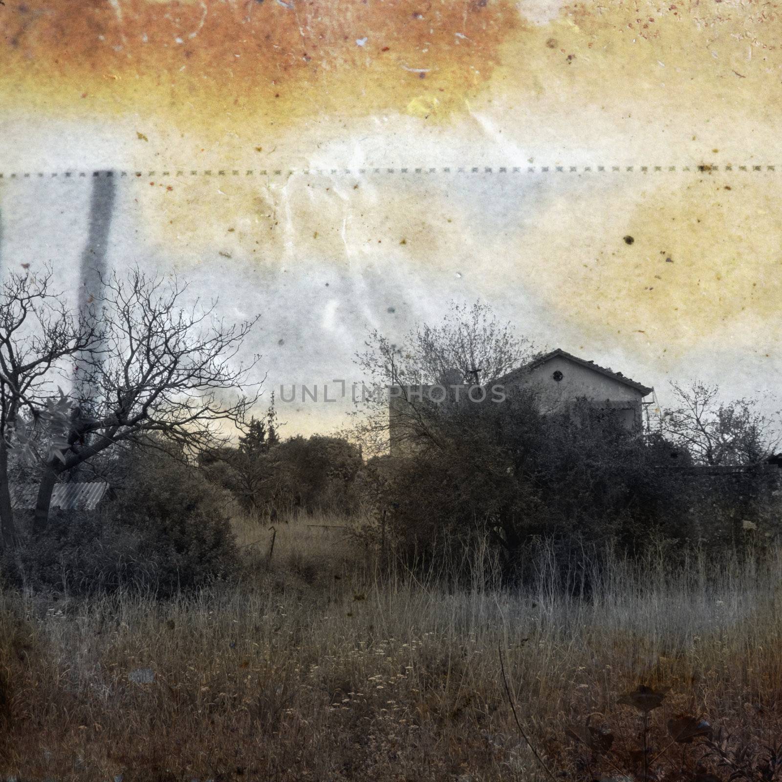 Abandoned rural house. Vintage print on stained weathered paper illustration.