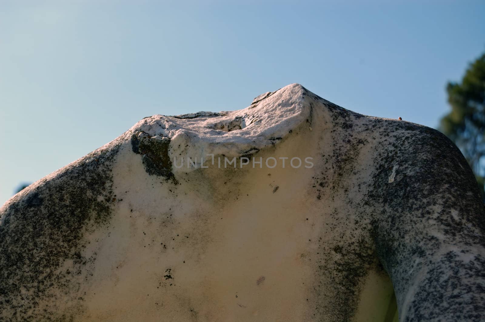 Detail of a vandalized headless marble statue sculpture.