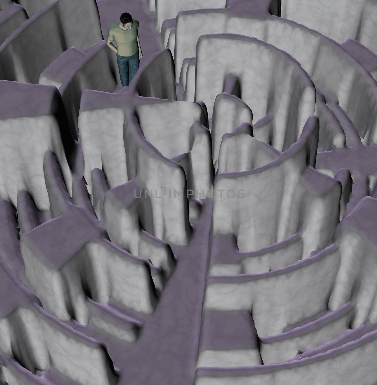 Man trying to find a way out of a complex maze labyrinth. 3d illustration.