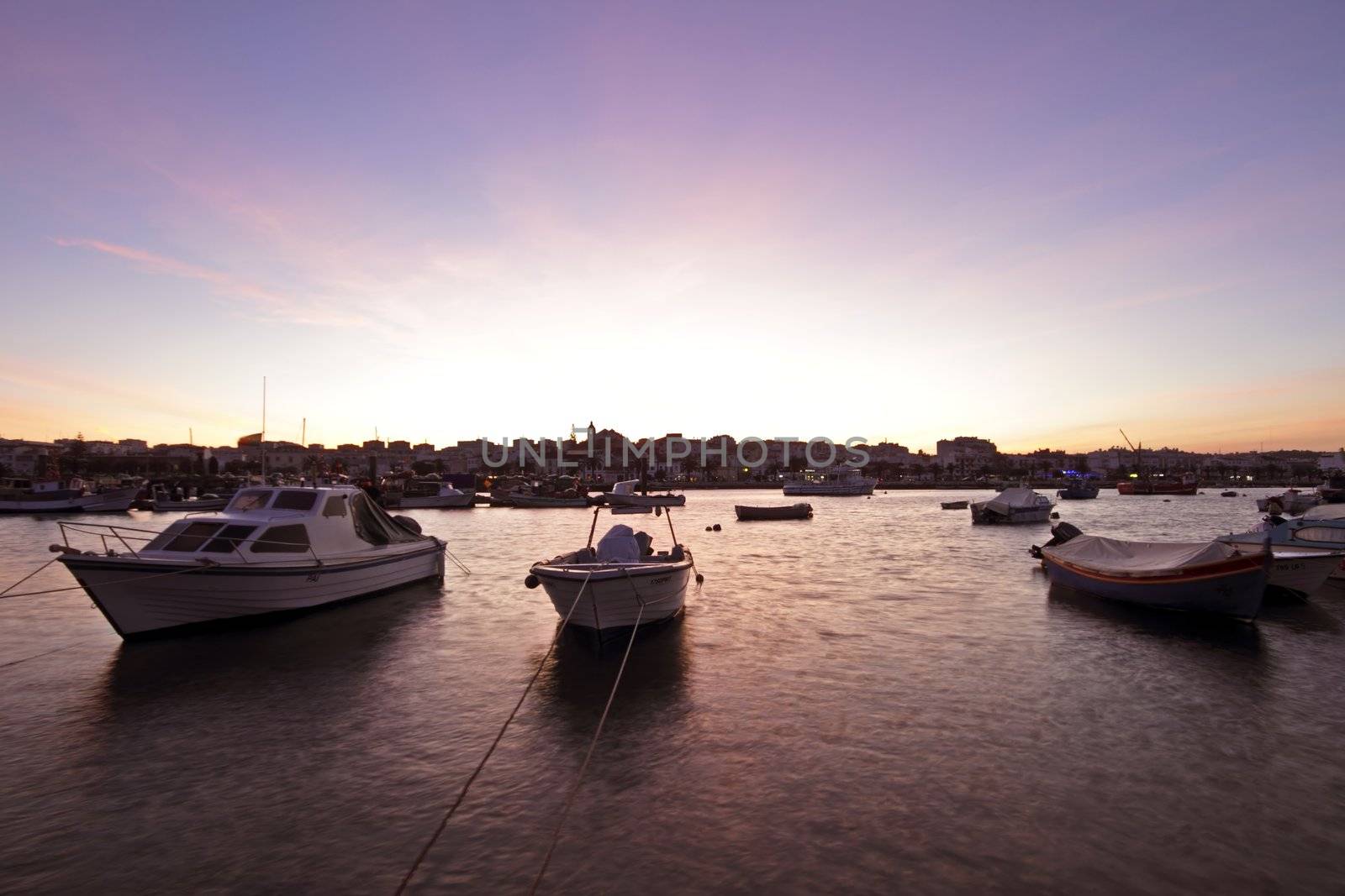 Harbor from Lagos at sunset in Portugal