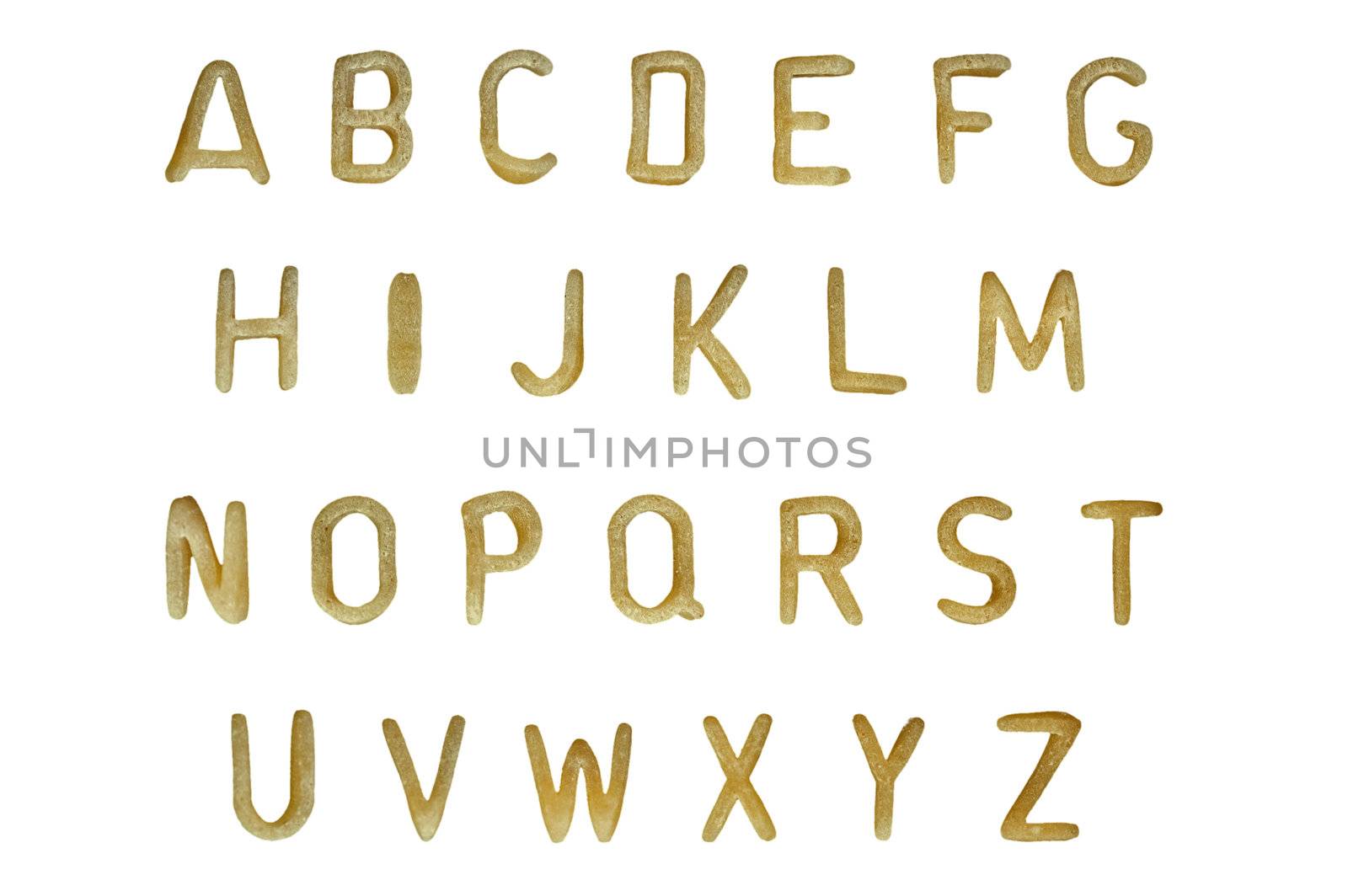 Alphabet soup pasta font. Typographic characters made from childrens food.