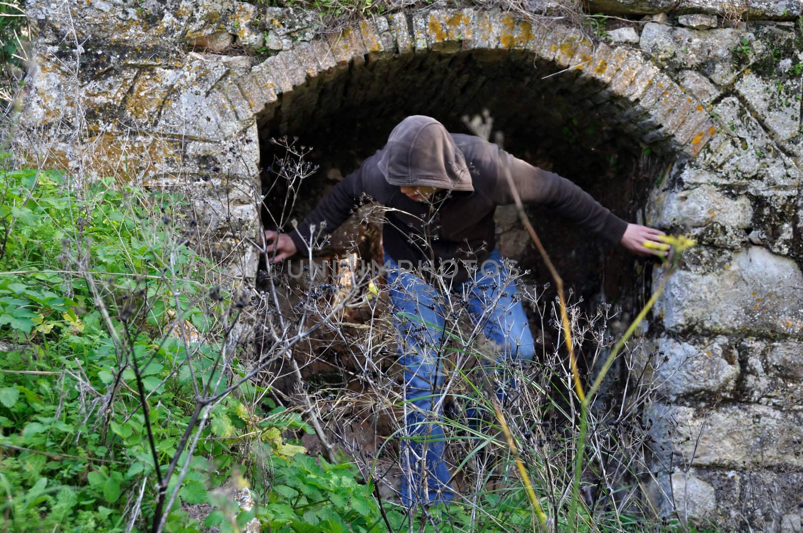 Hooded man obscured by overgrown plants under arched recess of rural ruin.