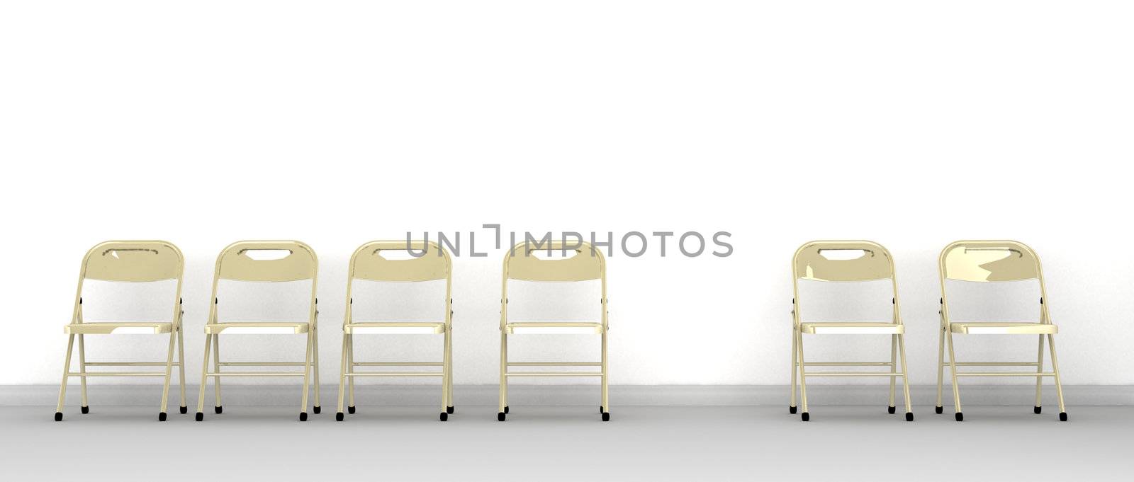 A row of metal chairs against a wall with one missing
