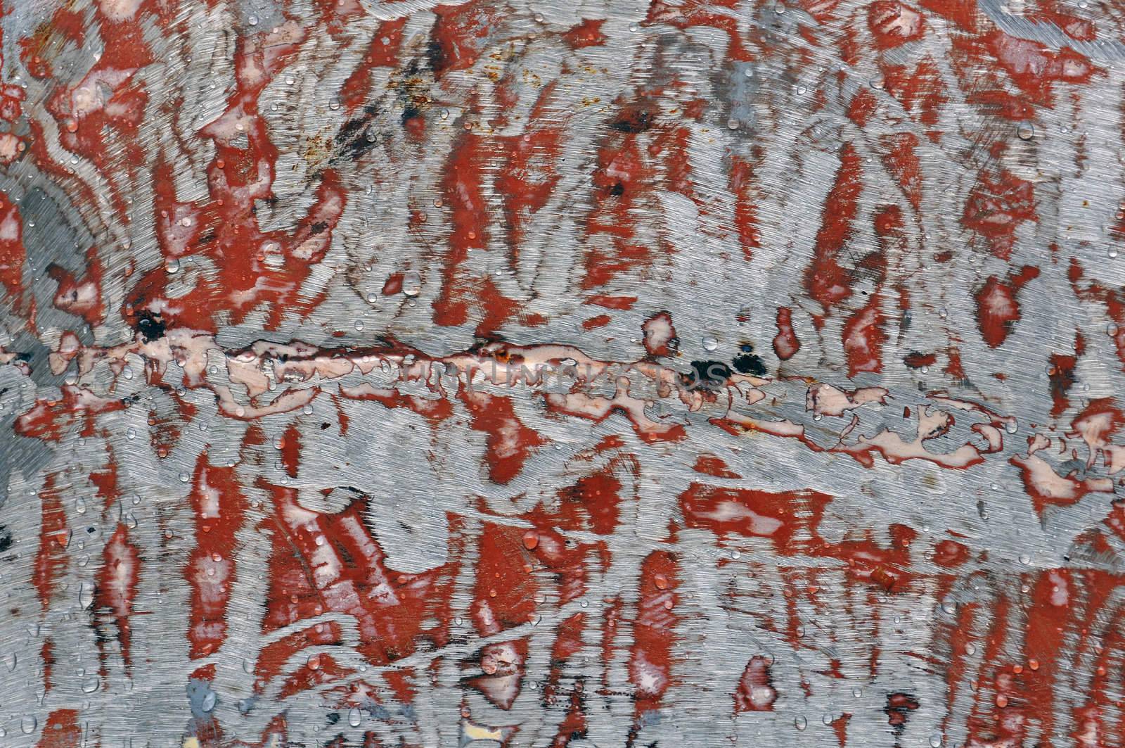 Scraped rusty metal and raindrops grunge scratched background texture.