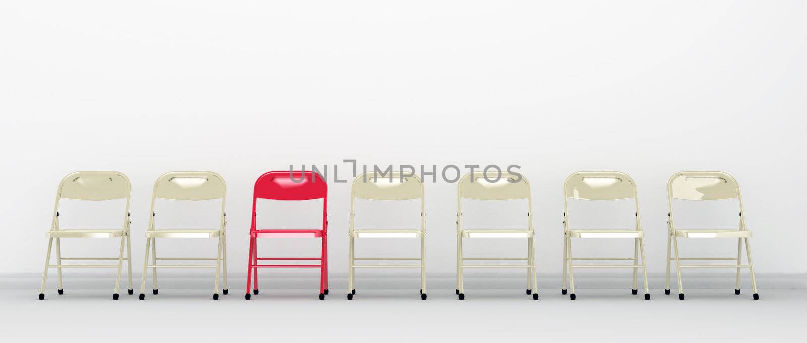Standing out among others. Red chair standing out in a row of other chairs against a white wall