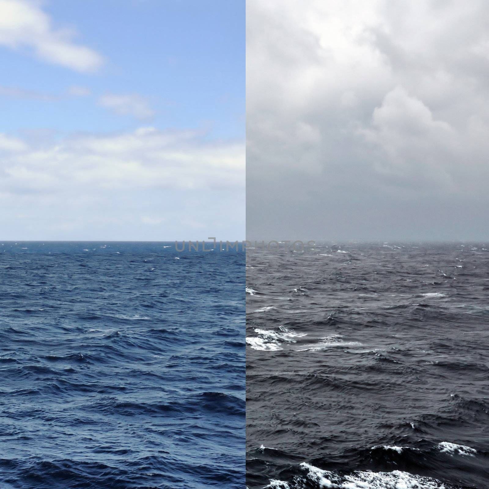 Sea and sky horizon during summer and winter. Ocean seascape seasons concept.