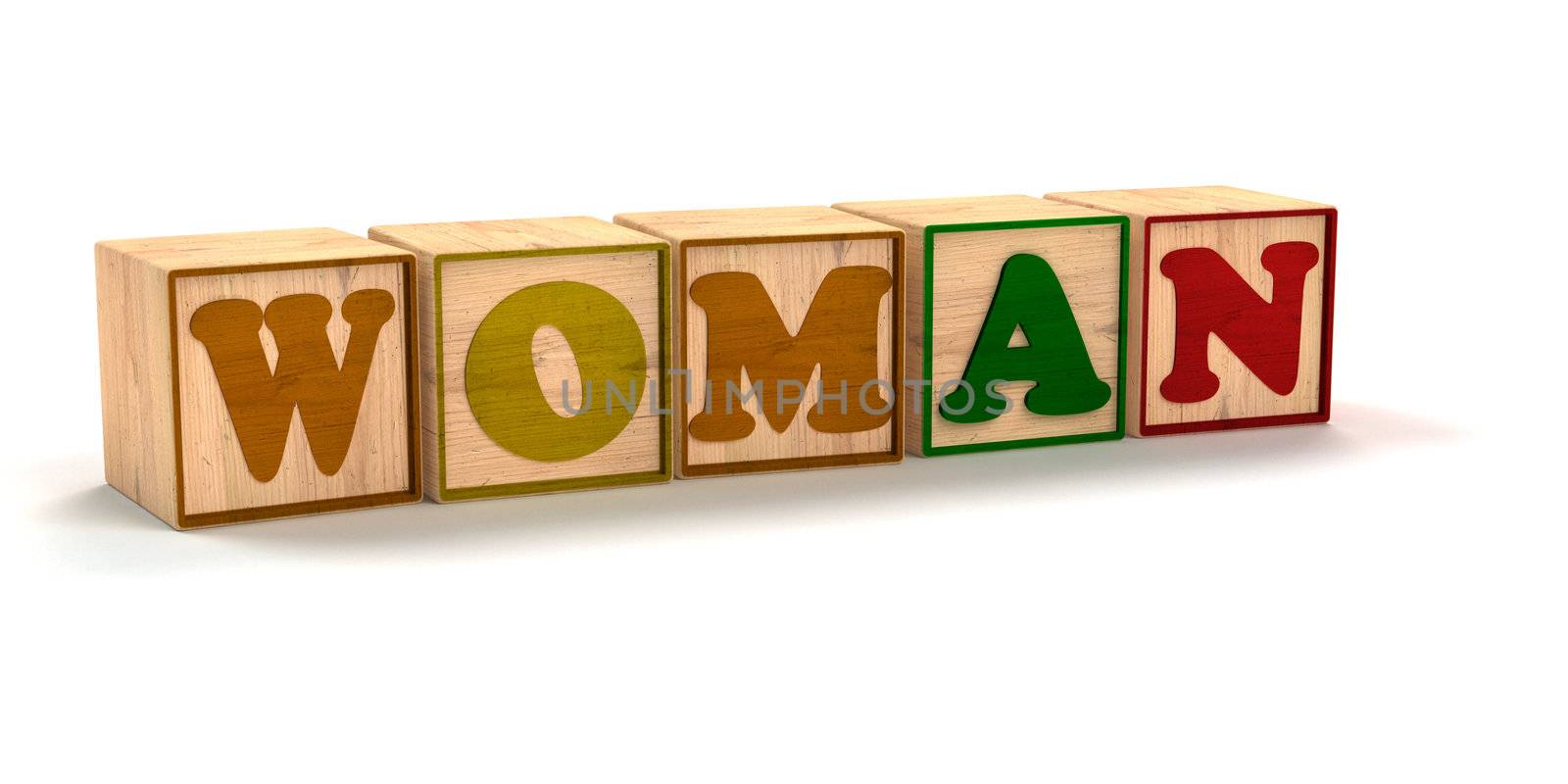 Woman spelled out In Child Color Blocks Angled with White Background and soft shadows