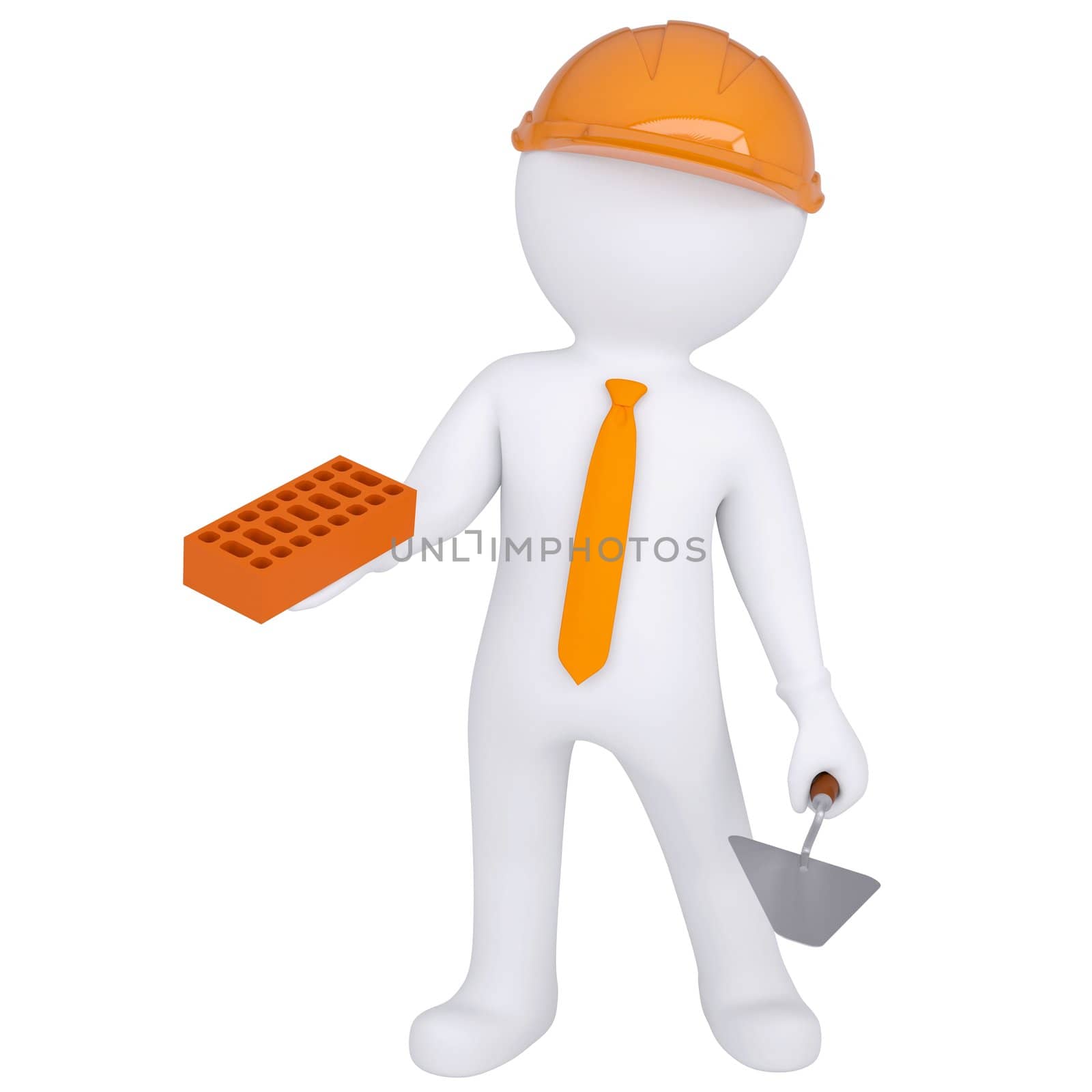 3d white man in helmet holding brick and trowel by cherezoff